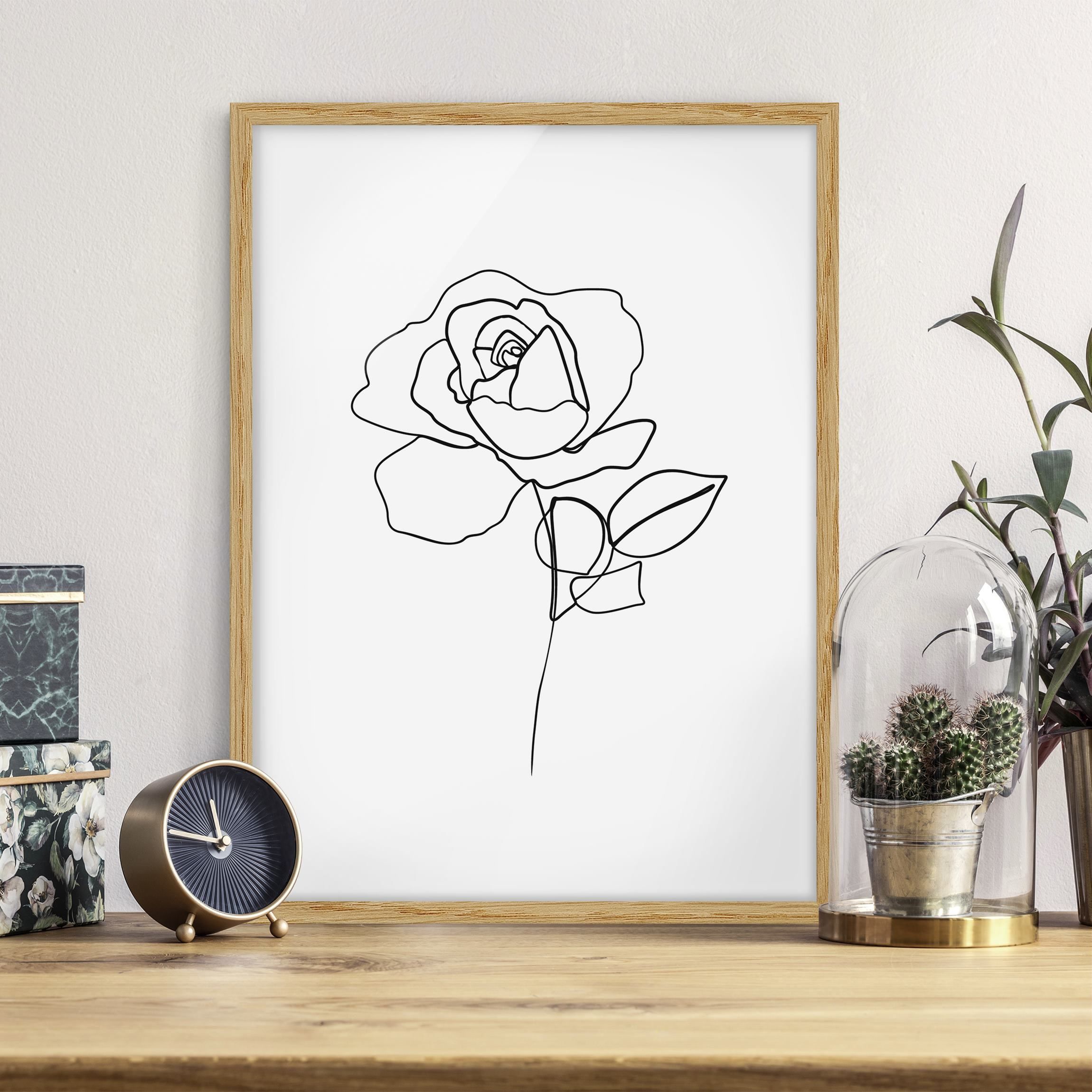 Line Art Rose Schwarz Weiß Bild mit Rahmen im Hochformat | Rahmenfarbe  wählbar | WALLART