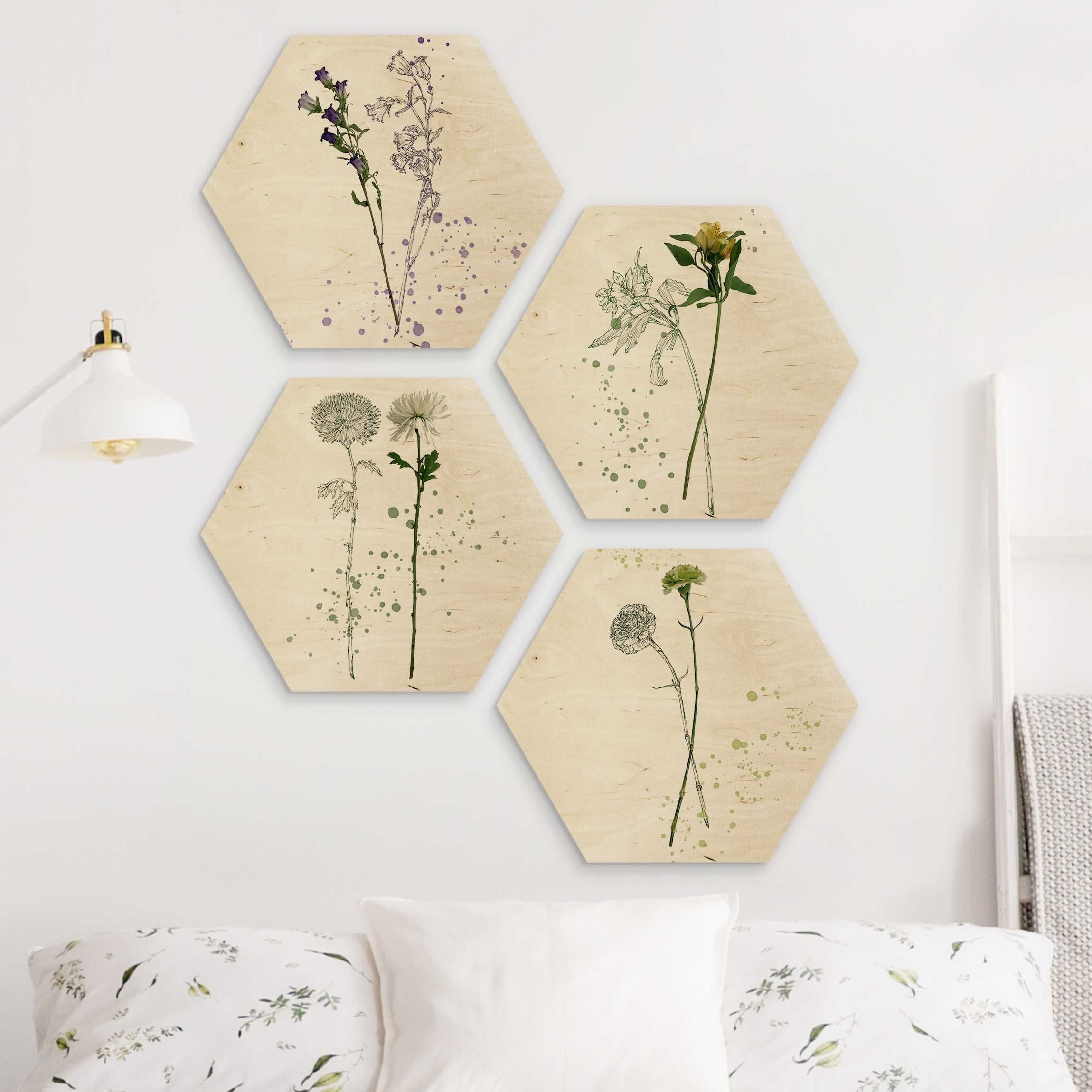4-teilig Botanisches Aquarell Set I Hexagon Bild auf Holz | WALLART