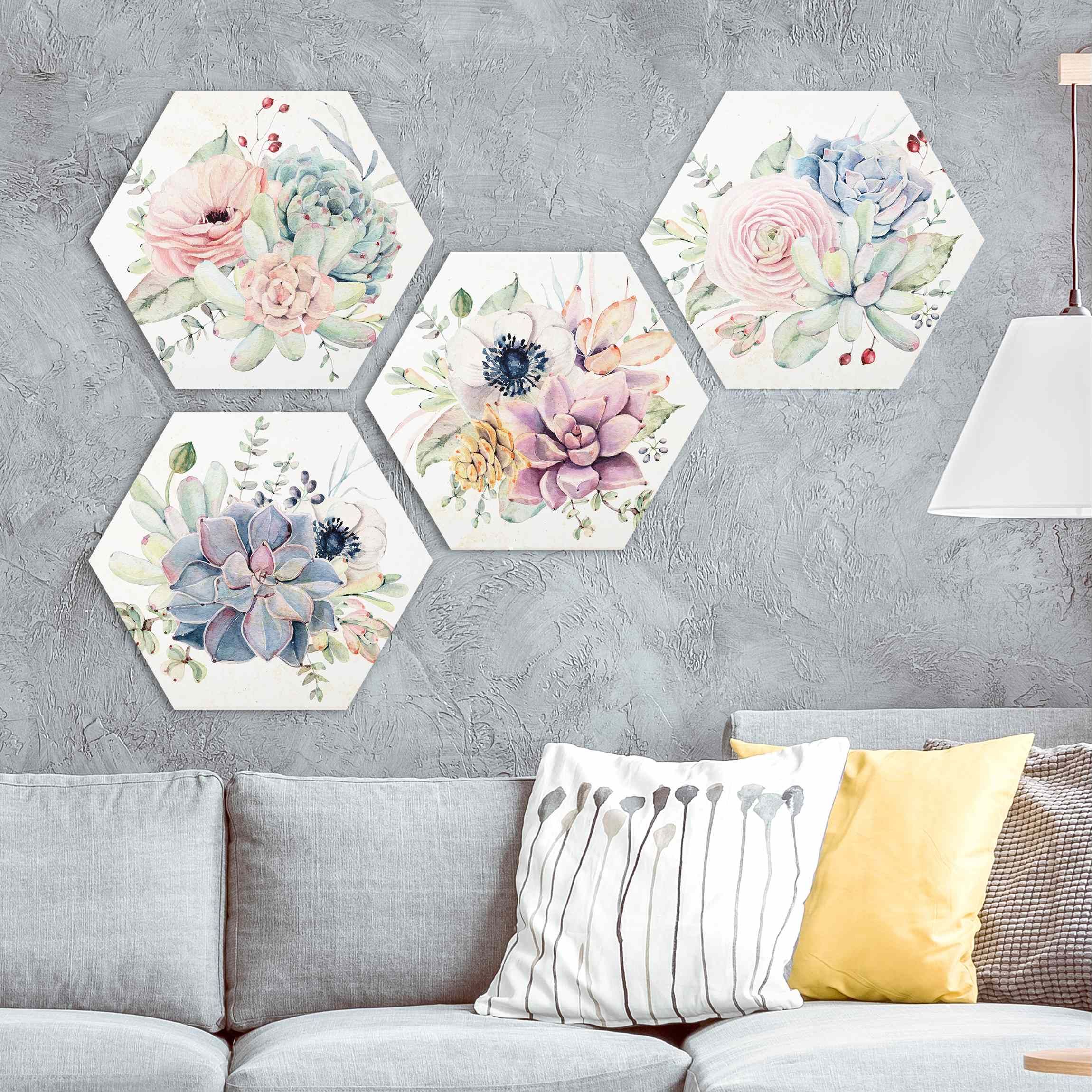 4-teilig Aquarell Blumen Landhaus Hexagon Bild auf Forex | WALLART