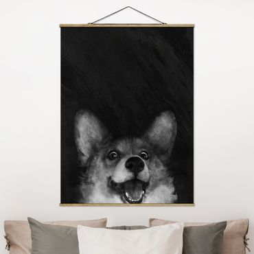 Stoffbild mit Posterleisten - Laura Graves - Illustration Hund Corgi Malerei Schwarz Weiß - Hochformat 3:4