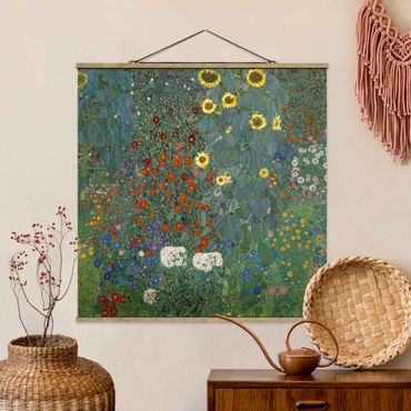 Stoffbild mit Posterleisten - Gustav Klimt - Garten Sonnenblumen - Quadrat 1:1