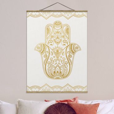 Stoffbild mit Posterleisten - Hamsa Hand Lotus OM Illustration Set gold - Hochformat 3:4