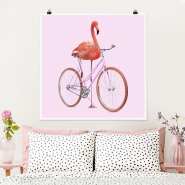 Poster - Jonas Loose - Flamingo mit Fahrrad - Quadrat 1:1