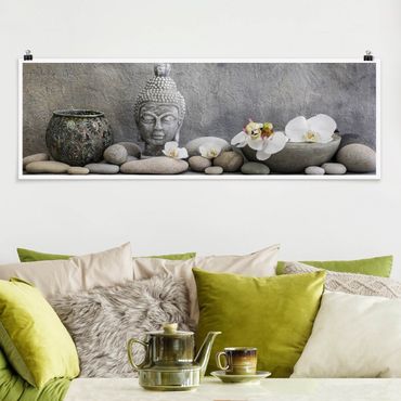 Poster - Zen Buddha mit weißen Orchideen - Panorama Querformat