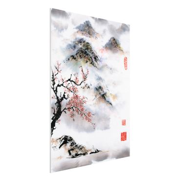 Forex Fine Art Print - Japanische Aquarell Zeichnung Kirschbaum und Berge - Hochformat 4:3
