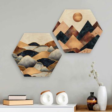 Hexagon Bild Holz 2-teilig - Elisabeth Fredriksson - Geometrische & Goldene Berge Aquarell