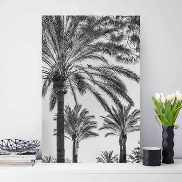 Leinwandbild - Palmen im Sonnenuntergang Schwarz-Weiß - Hochformat 3:2