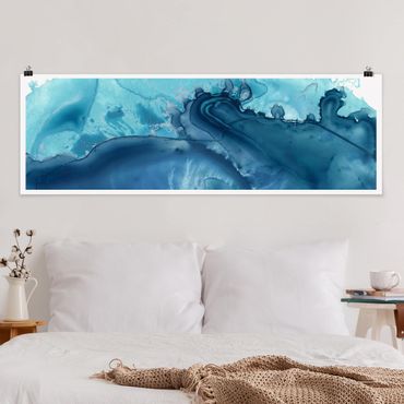 Poster - Welle Aquarell Blau I - Panorama Querformat