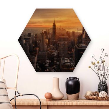 Hexagon Bild Holz - Manhattan Skyline Abendstimmung