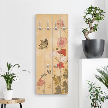 Wandgarderobe Holz - Yuanyu Ma - Mohnblumen und Schmetterlinge - Haken chrom Hochformat