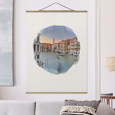 Stoffbild mit Posterleisten - Wasserfarben - Canale Grande Blick von der Rialtobrücke Venedig - Hochformat 3:4