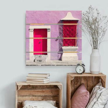 Holzbild - Rosa Fassade Pinke Tür - Quadrat 1:1