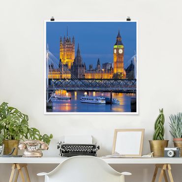 Poster - Big Ben und Westminster Palace in London bei Nacht - Quadrat 1:1
