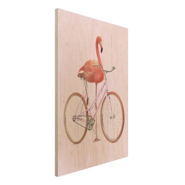 Holzbild - Jonas Loose - Flamingo mit Fahrrad - Hochformat 3:2