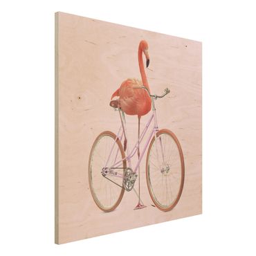 Holzbild - Jonas Loose - Flamingo mit Fahrrad - Quadrat 1:1