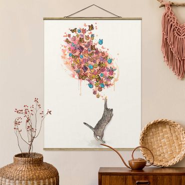 Stoffbild mit Posterleisten - Laura Graves - Illustration Katze mit bunten Schmetterlingen Malerei - Hochformat 3:4