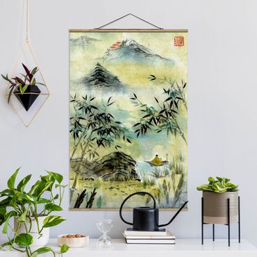 Stoffbild mit Posterleisten - Japanische Aquarell Zeichnung Bambuswald - Hochformat 2:3