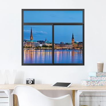 3D Wandtattoo - Fenster Schwarz Hamburg Skyline