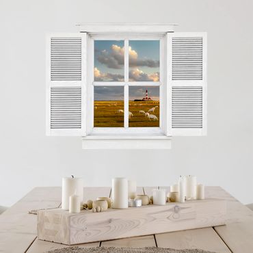 3D Wandtattoo - Flügelfenster Nordsee Leuchtturm mit Schafsherde