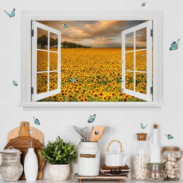3D Wandtattoo - Offenes Fenster Feld mit Sonnenblumen