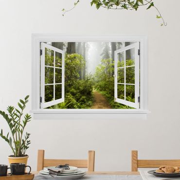 3D Wandtattoo - Offenes Fenster Nebliger Waldpfad