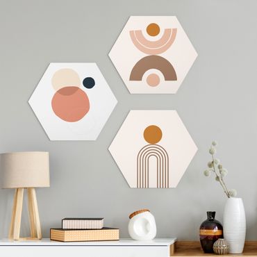 Hexagon Bild Alu-Dibond 3-teilig - Line Art Abstrakte Formen Set II