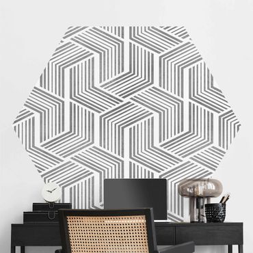 Hexagon Mustertapete selbstklebend - 3D Muster mit Streifen in Silber
