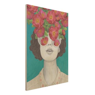 Holzbild - Illustration Portrait Frau Collage mit Blumen Brille - Hochformat 4:3