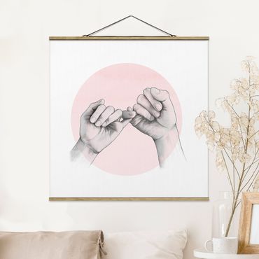 Stoffbild mit Posterleisten - Laura Graves - Illustration Hände Freundschaft Kreis Rosa Weiß - Quadrat 1:1