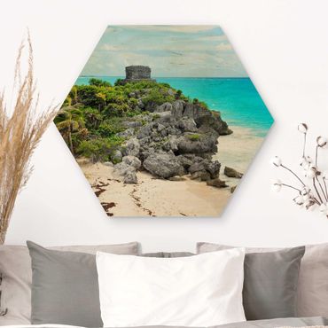 Hexagon Bild Holz - Karibikküste Tulum Ruinen