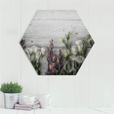 Hexagon Bild Alu-Dibond - Tulpen-Rose Shabby Holzoptik