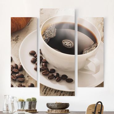 Leinwandbild 3-teilig - Dampfende Kaffeetasse mit Kaffeebohnen - Galerie Triptychon