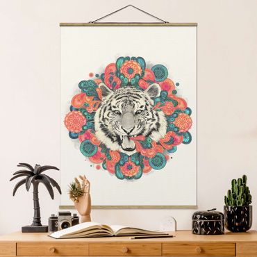 Stoffbild mit Posterleisten - Laura Graves - Illustration Tiger Zeichnung Mandala Paisley - Hochformat 3:4