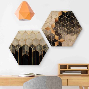 Hexagon Bild Holz 2-teilig - Elisabeth Fredriksson - Goldene Geometrie Aquarell Set