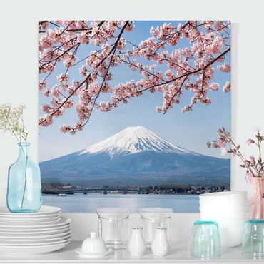 Leinwandbild - Kirschblüten mit Berg Fuji - Quadrat 1:1