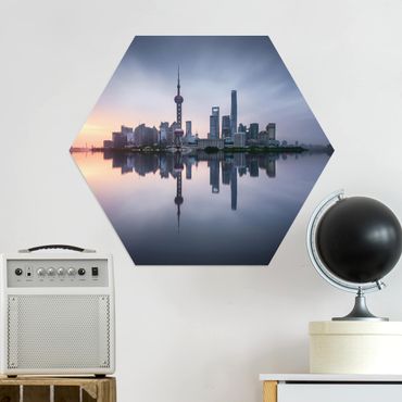 Hexagon Bild Alu-Dibond - Shanghai Skyline Morgenstimmung