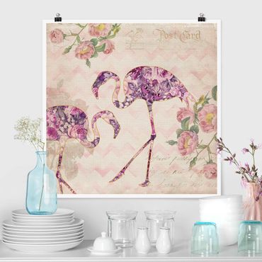 Poster - Vintage Collage - Rosa Blüten Flamingos - Quadrat 1:1