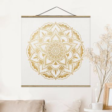 Stoffbild mit Posterleisten - Mandala Blume gold weiß - Quadrat 1:1