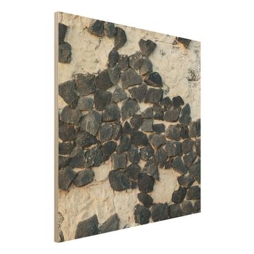 Holzbild - Mauer mit Schwarzen Steinen - Quadrat 1:1