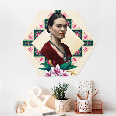 Hexagon Bild Alu-Dibond - Frida Kahlo - Blumen und Geometrie