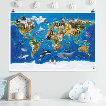 Poster Kinderzimmer - Animal Club International - Weltkarte mit Tieren - Querformat 2:3