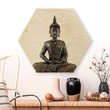 Hexagon Bild Holz - Zen Buddha Stein