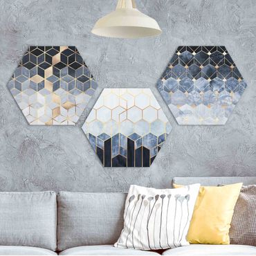 Hexagon Bild Alu-Dibond 3-teilig - Elisabeth Fredriksson - Blau Weiß goldene Sechsecke Set