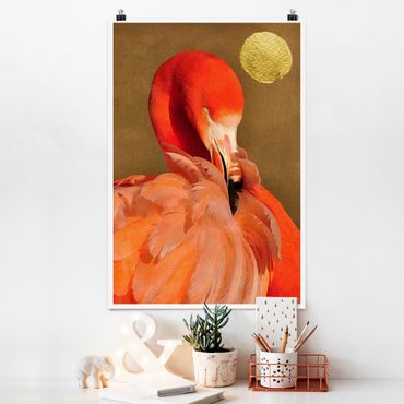 Poster - Goldener Mond mit Flamingo - Hochformat 3:2