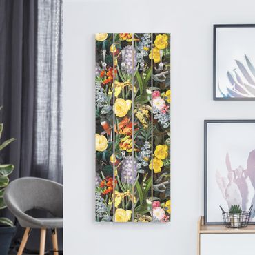 Wandgarderobe Holz - Blumen mit Tropischen Vögeln Bunt - Haken chrom Hochformat