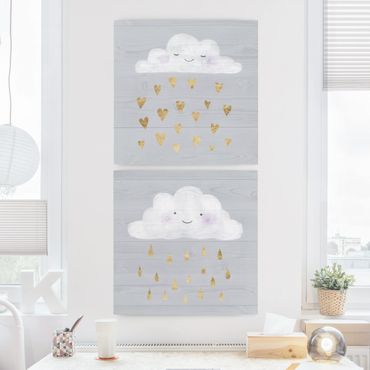 Leinwandbild 2-teilig - Wolken mit goldenen Herzen und Tropfen Set I - Quadrate 1:1