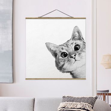 Stoffbild mit Posterleisten - Laura Graves - Illustration Katze Zeichnung Schwarz Weiß - Quadrat 1:1