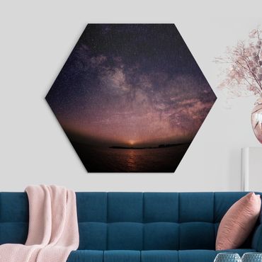 Hexagon Bild Alu-Dibond - Sonne und Sternenhimmel am Meer