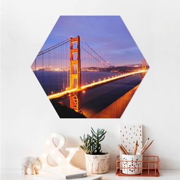 Hexagon Bild Alu-Dibond - Golden Gate Bridge bei Nacht