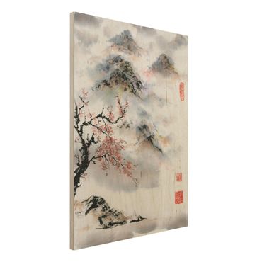 Holzbild - Japanische Aquarell Zeichnung Kirschbaum und Berge - Hochformat 4:3